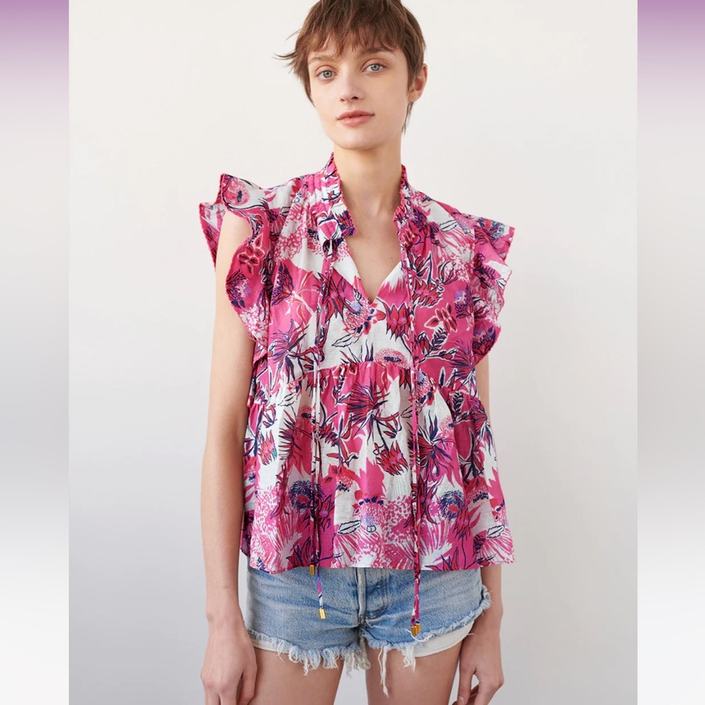 Floral Pink Ruffle Sleeve Women's Top